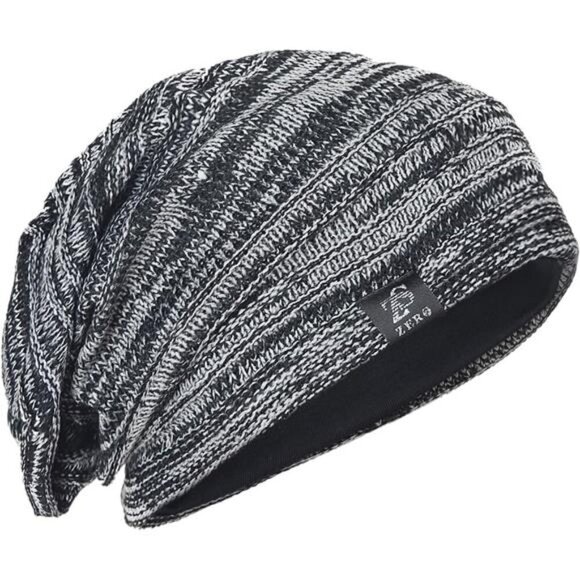 Mens Slouchy Long Oversized Beanie Knit Cap B5001x-black W Grey - Picture 1 of 1